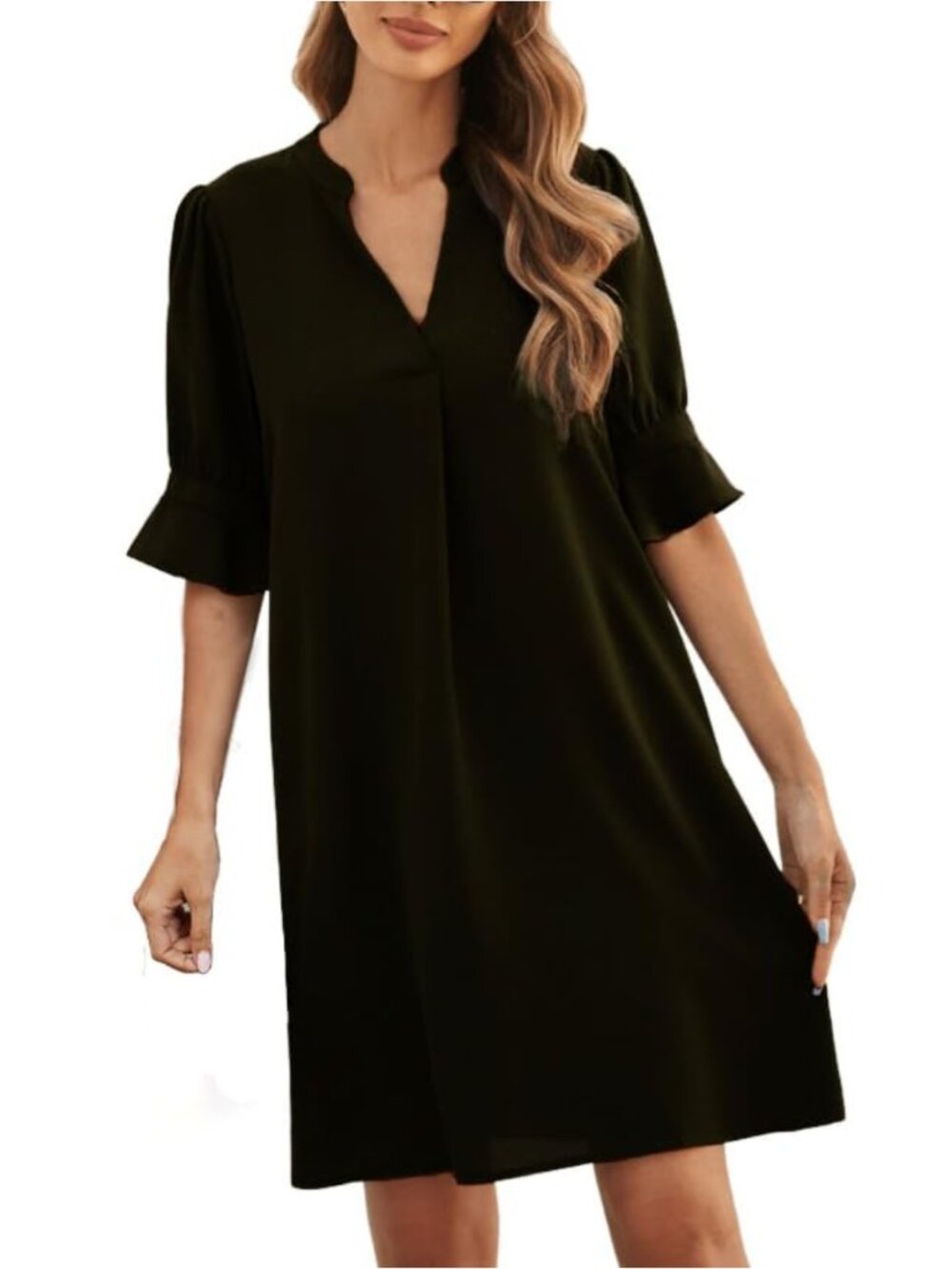 Women's Ruffle Sleeve V-Neck Shift Dress 100% Polyester